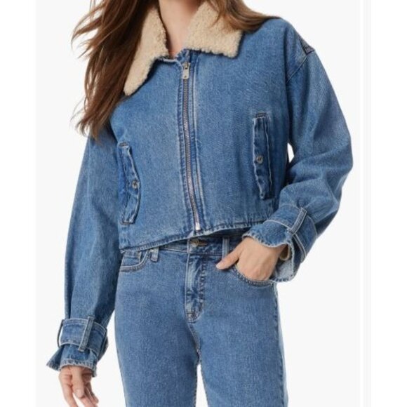 Sam Edelman Mesa High-Pile Fleece Collar Zip-Up Crop Denim Moto Jacket XS - Picture 11 of 11